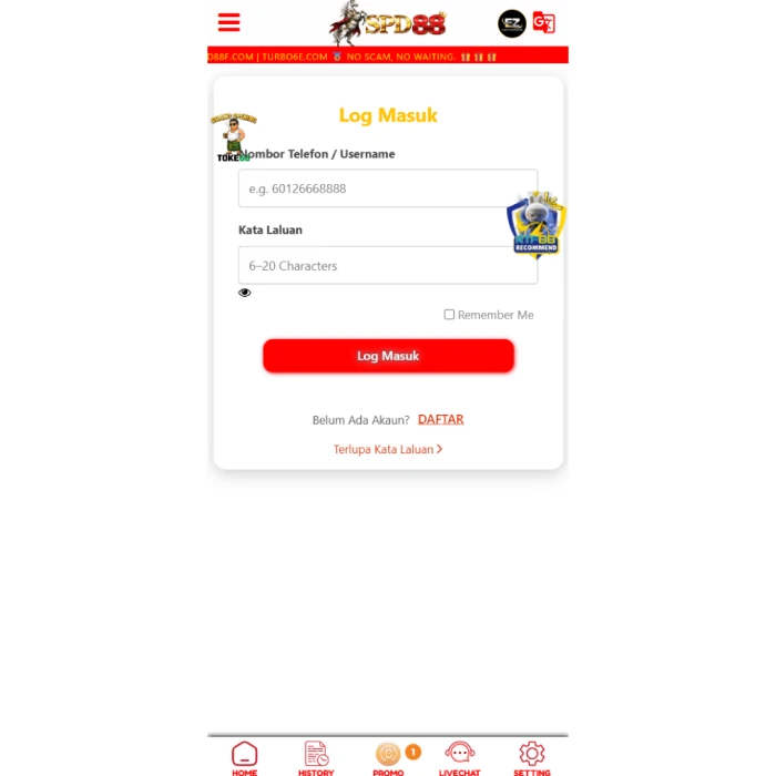 SPD88 Log Masuk login screen with phone number or username and password fields SPD88 Log Masuk login screen with phone number or username and password fields