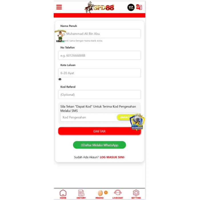 SPD88 Daftar registration form with full name, phone, password, referral code and SMS verification SPD88 Daftar registration form with full name, phone, password, referral code and SMS verification